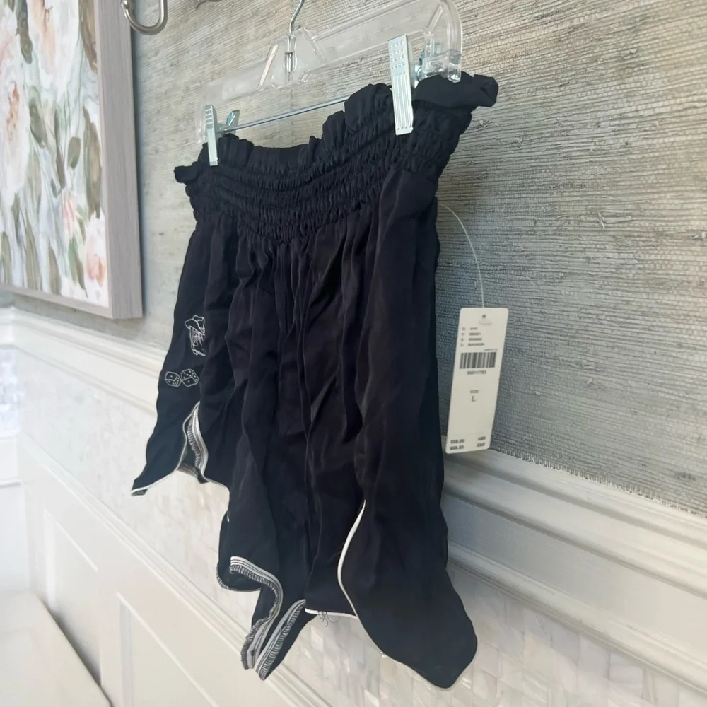 NWT new large Anthropologie black silky ruffle pj shorts embroidered boot dice